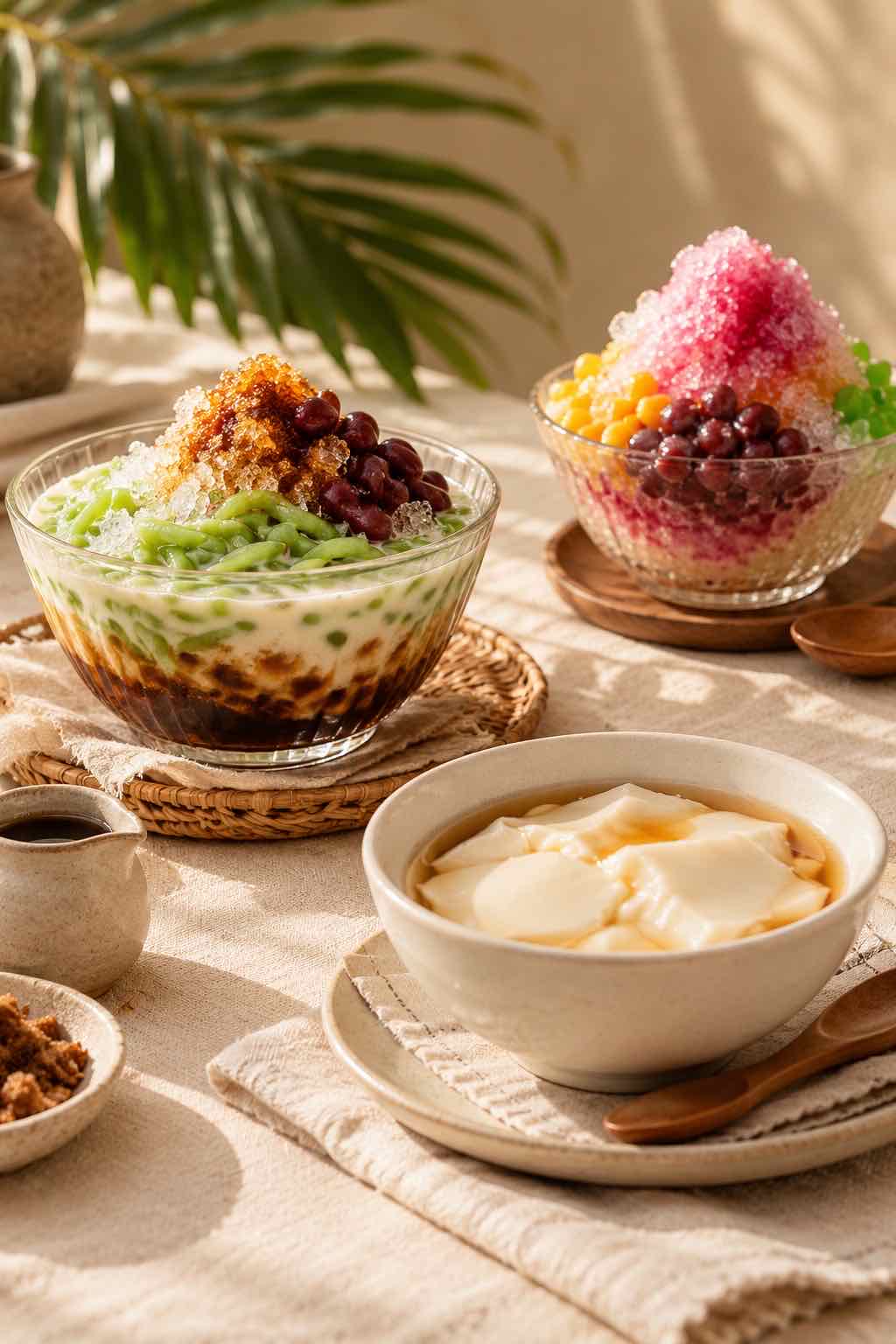 Editorial concept of Malaysian desserts including cendol and soya beancurd