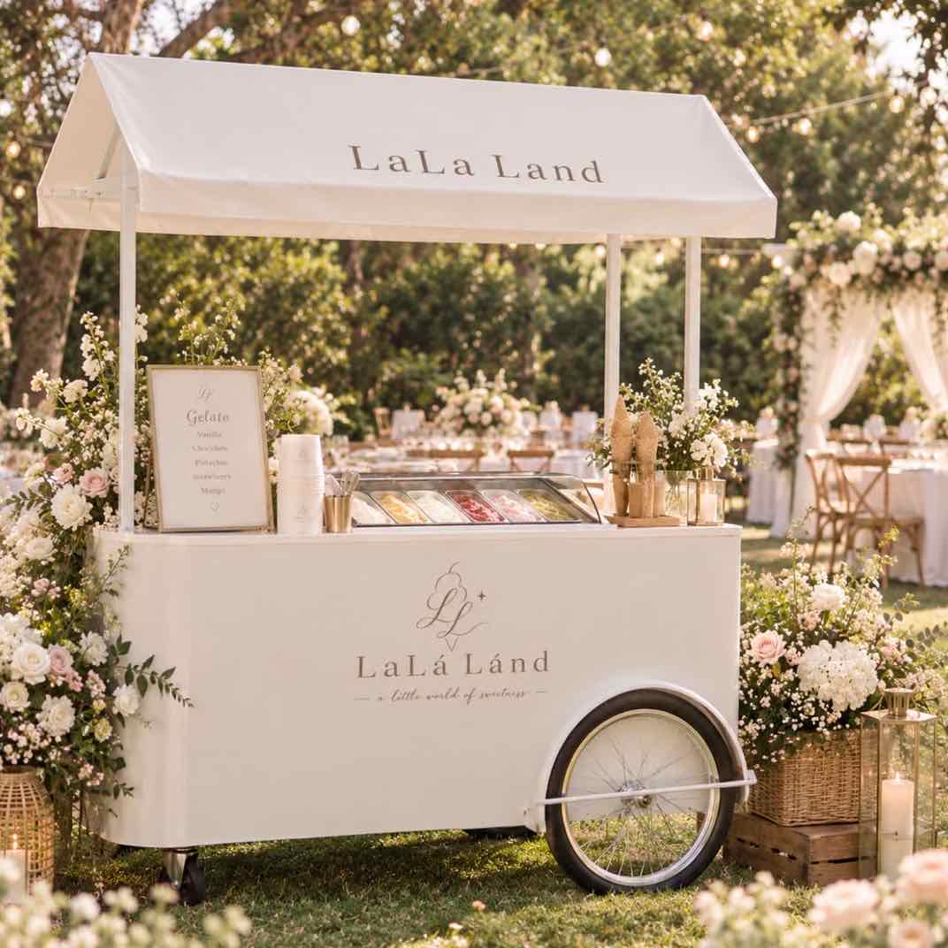 LaLá Lánd signature gelato push cart in a garden setting