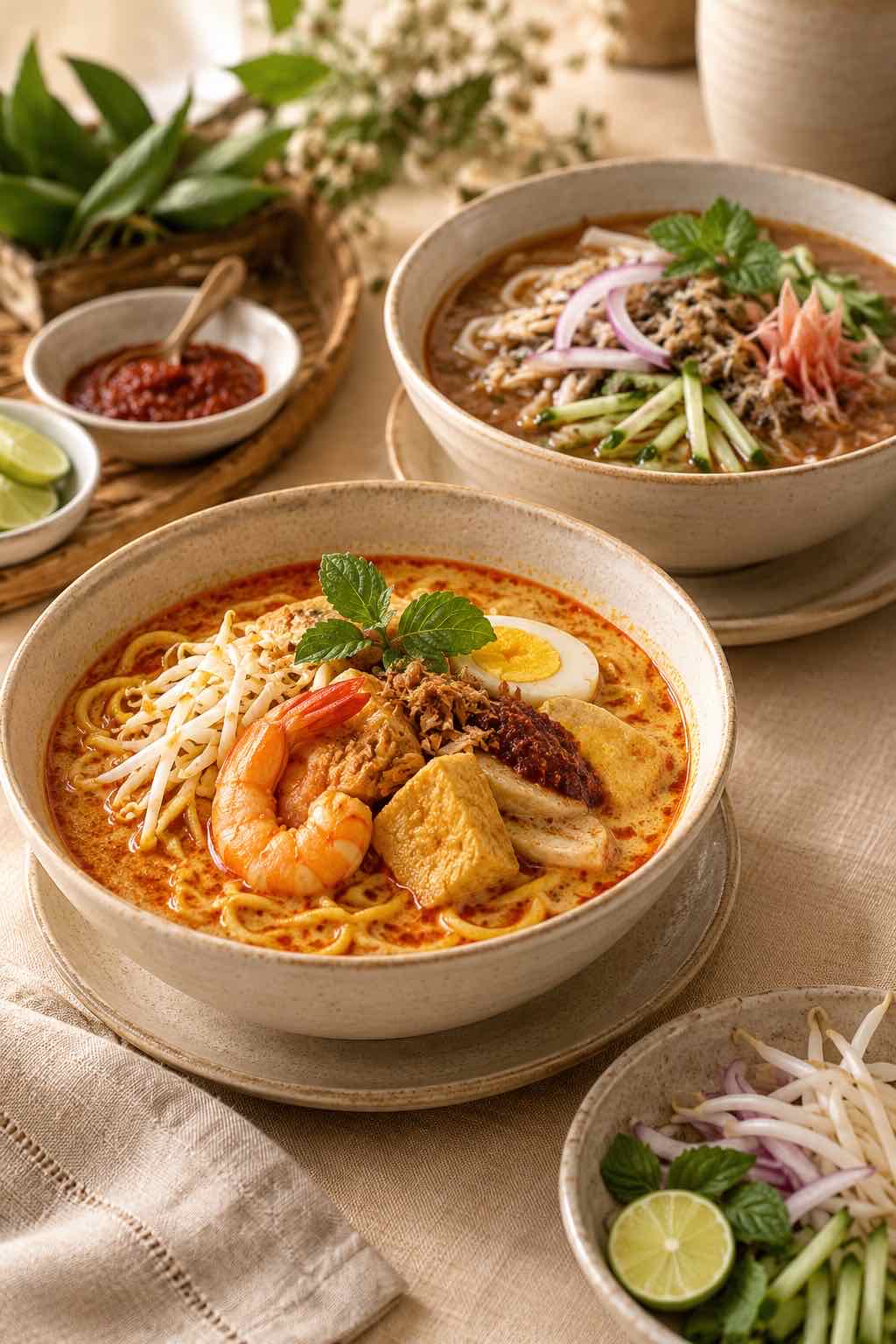 Editorial concept of Malaysian noodle bowls